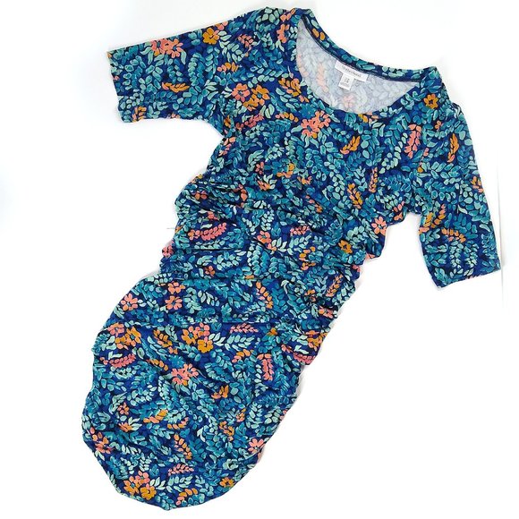 Motherhood Maternity Rushed Stretch Knit DRESS Midi Floral Blue Rayon Spandex M - Picture 5 of 12